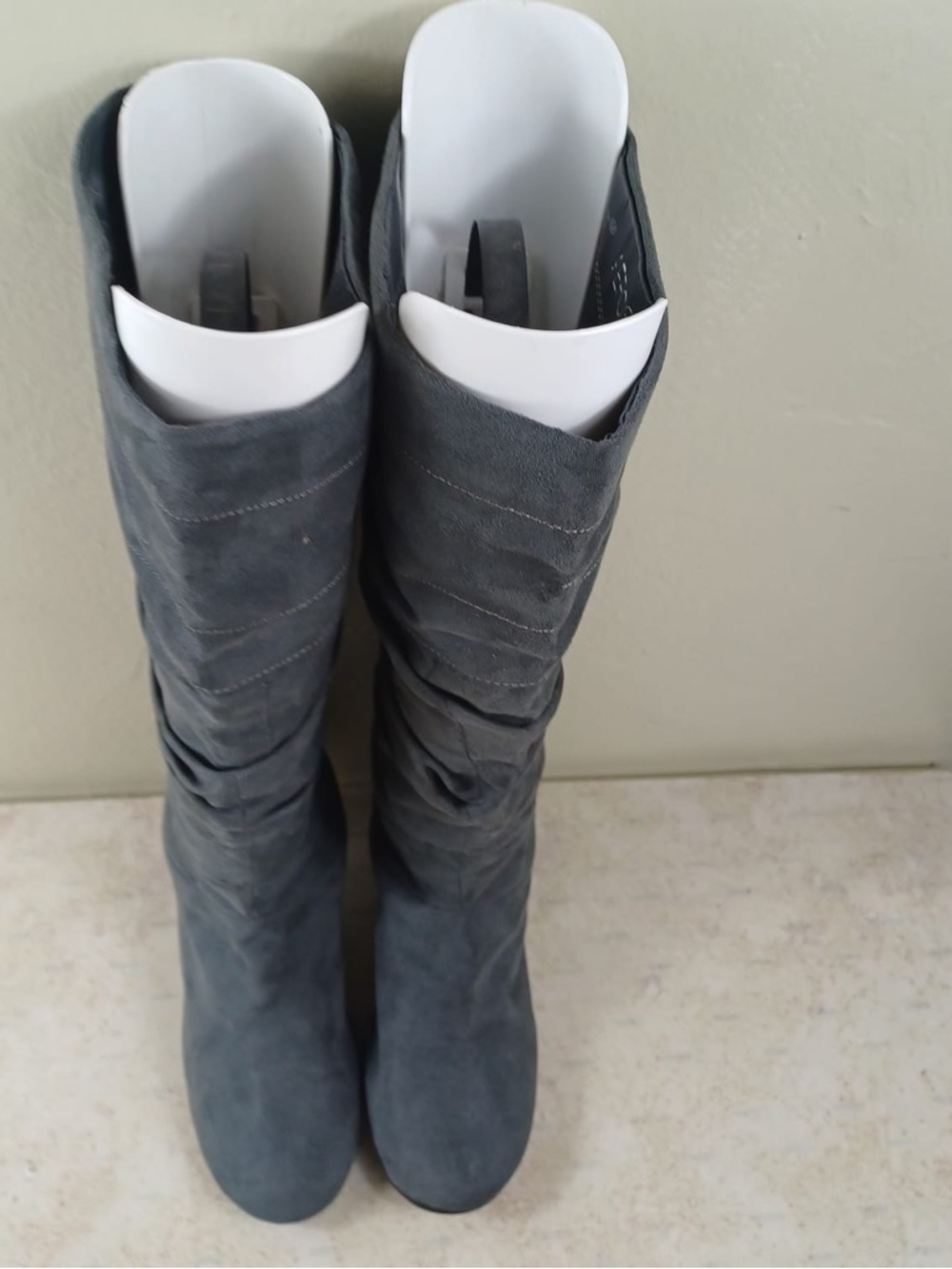 AEROSOLES Slate Gray Suede Mid-Calf Heeled Boots - Picture 2 of 6